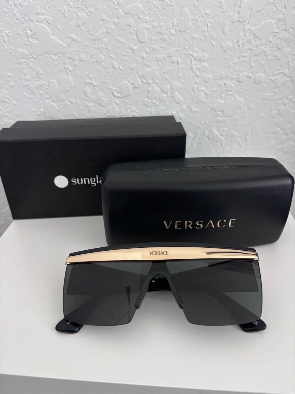 Versace Black Shield Sunglasses with Gold Brow Bar